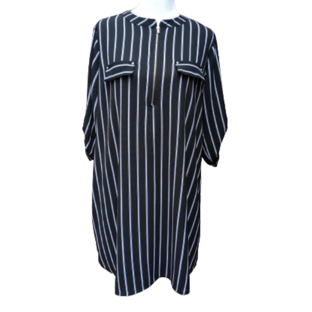Always Indigo Black Striped Dress Plus Shift Zipper 3/4 Sleeves High Neck